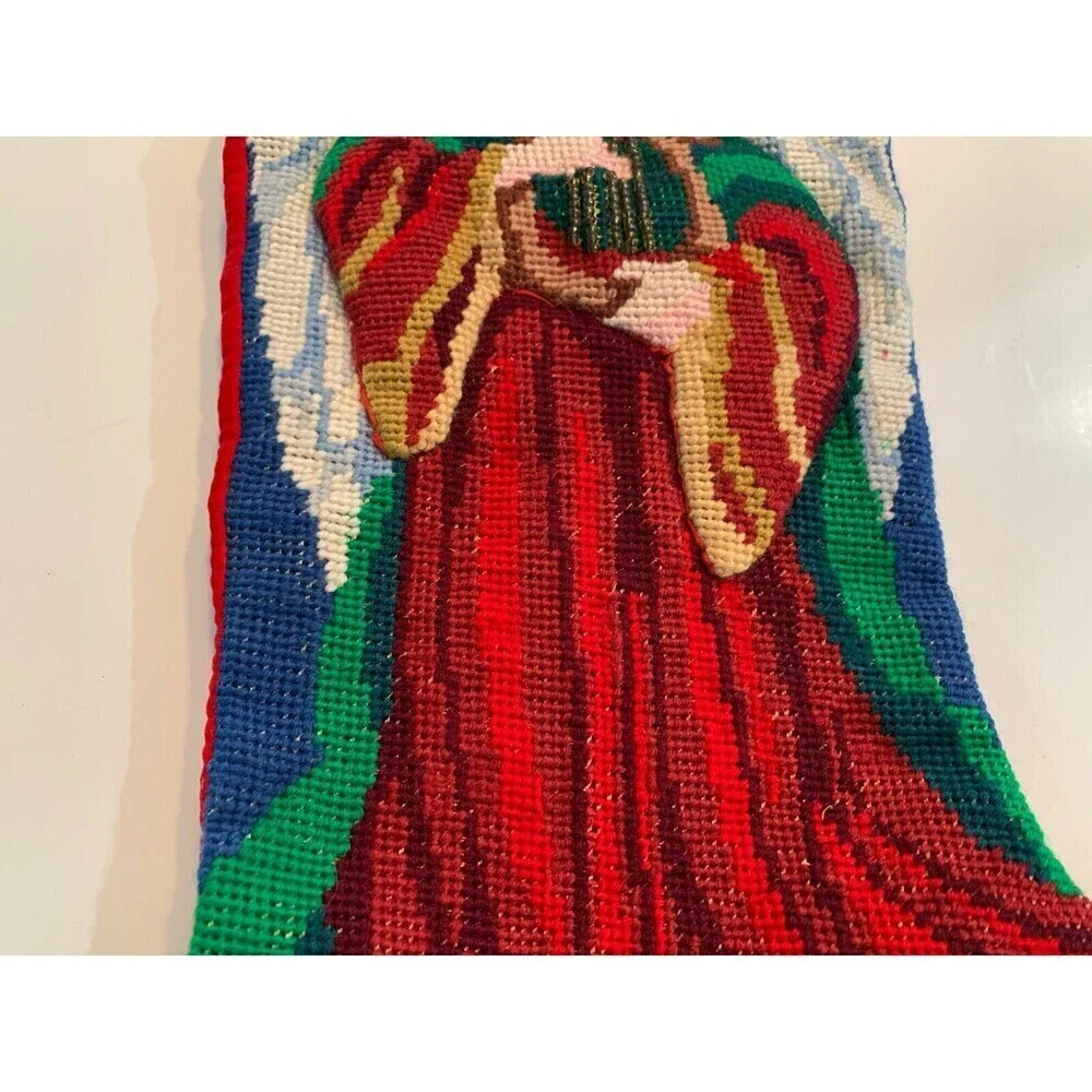 Vtg Needlepoint Christmas Stockings Red Velvet Angel Handmade Set 2 Christmas